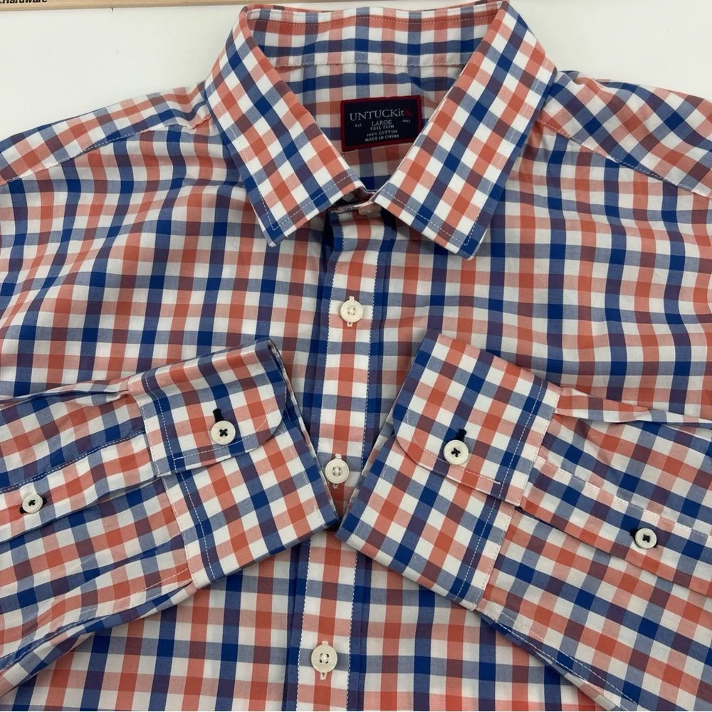 UNTUCKit Shirt Men’s Large Blue Orange Red Tall Slim Long Sleeve 100% Cotton
